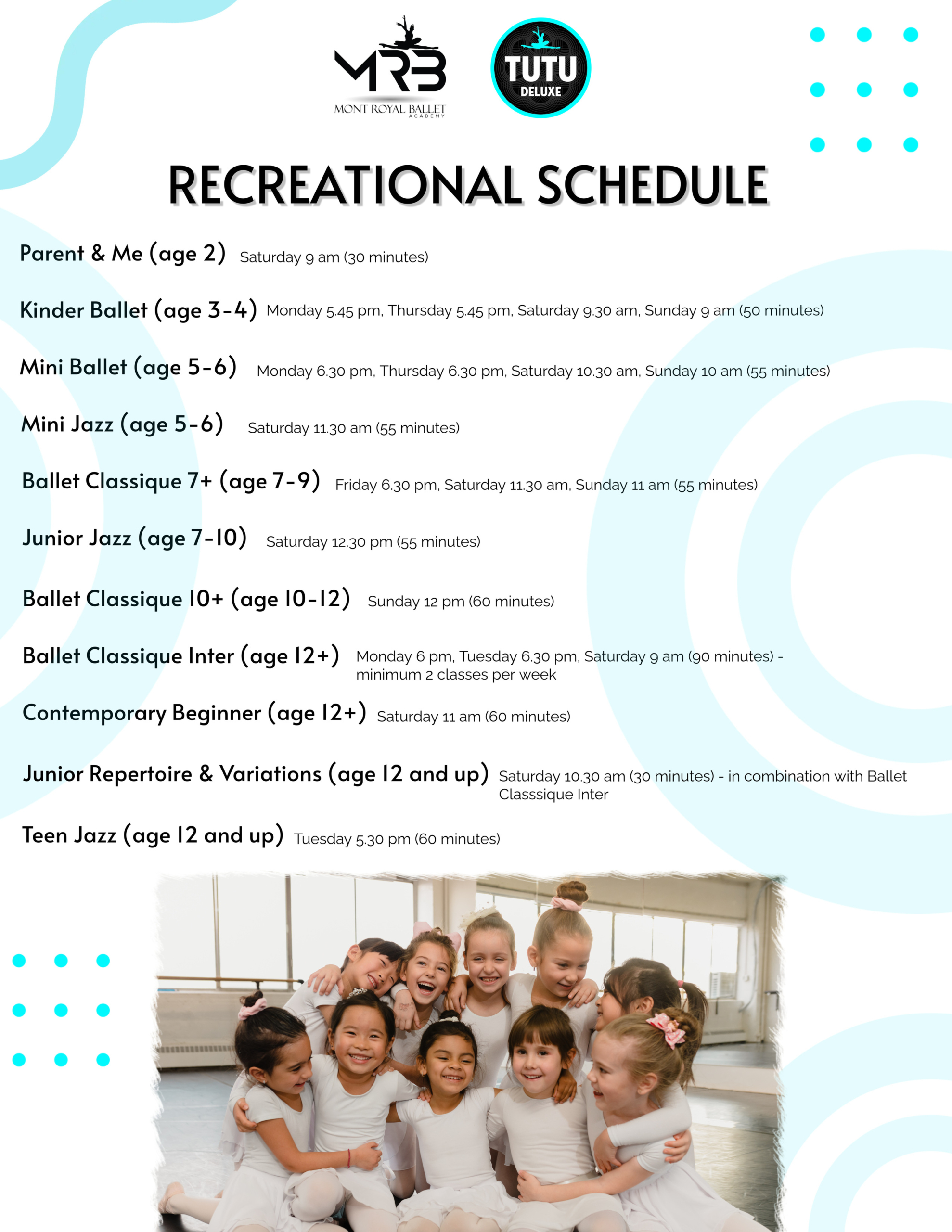 Recreational Ballet/Jazz/Contemporary Class Schedule 2025-2026